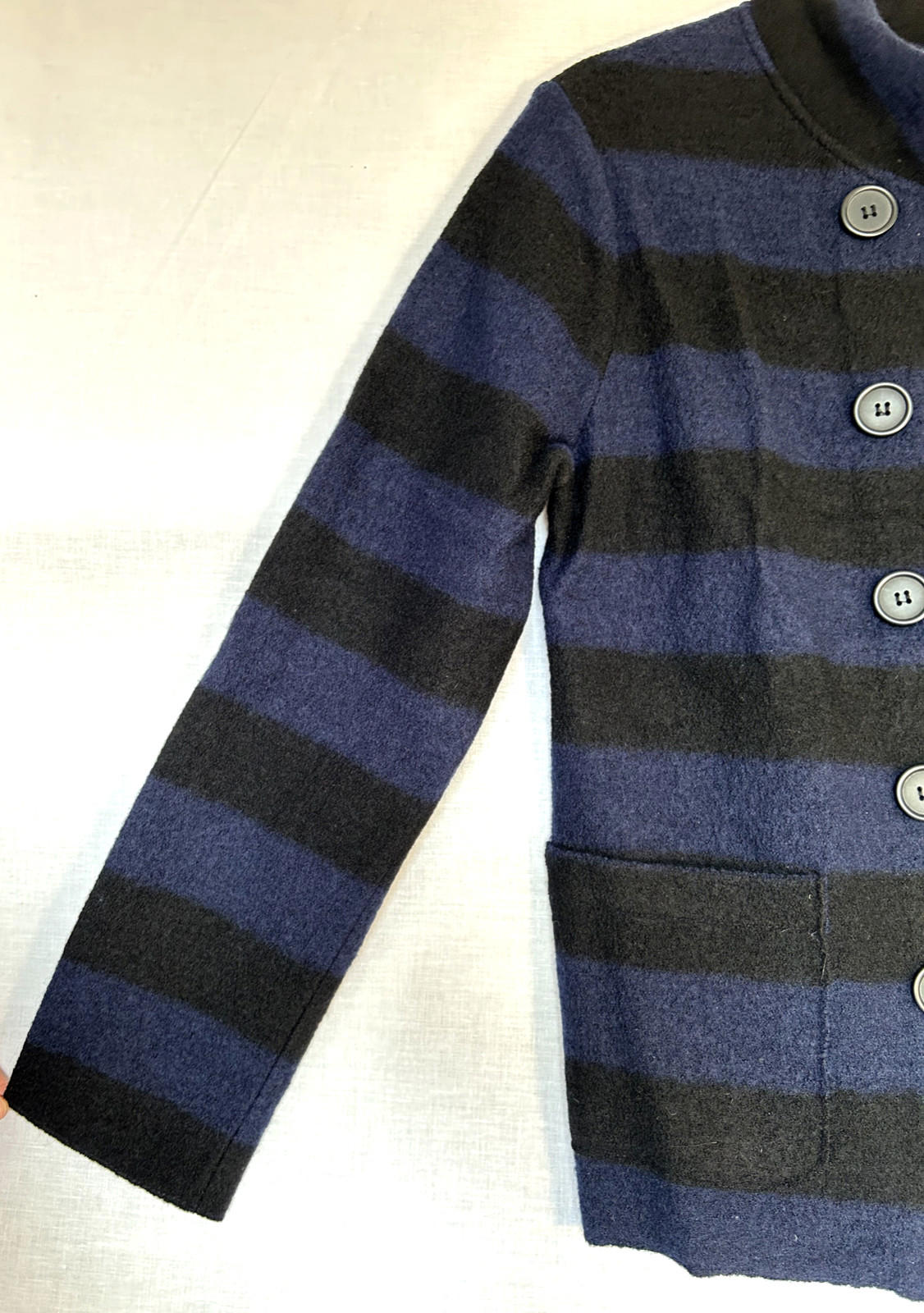 EAST Jacket M Blue & Black Striped Boiled Wool Pea Coat Buttons