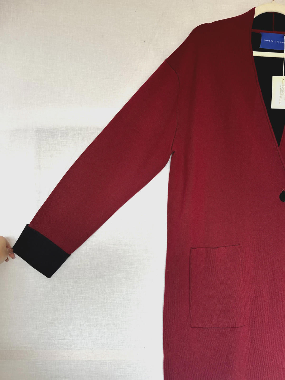 WINSER LONDON Coatigan Large Burgundy & Black Wool Blend Pockets Knitted BNWT