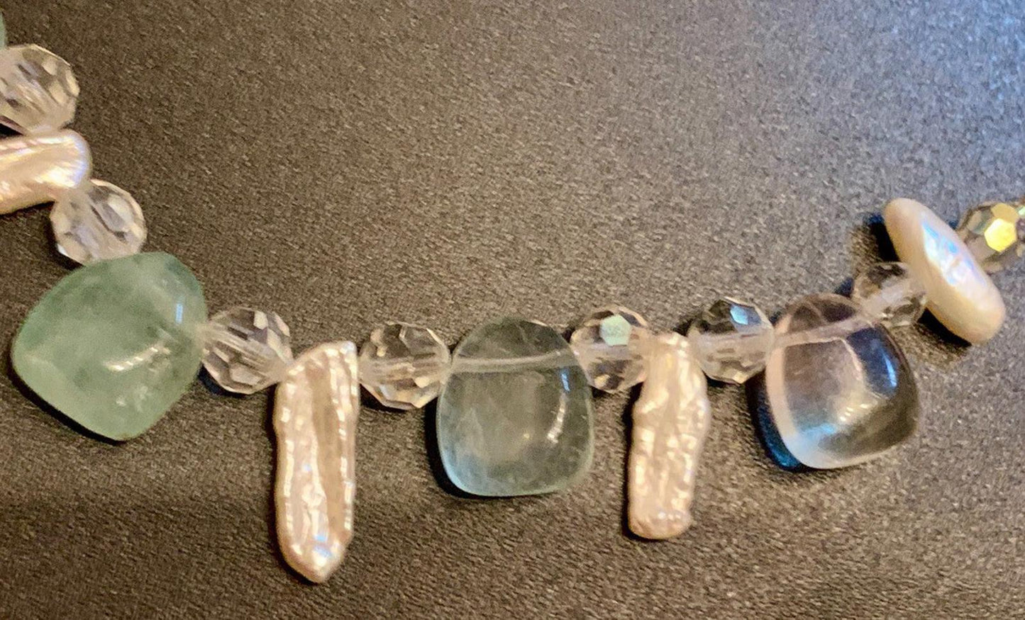 Necklace Green Fluorite Nuggets Pearl Crystal Silver Toggle 16 ins