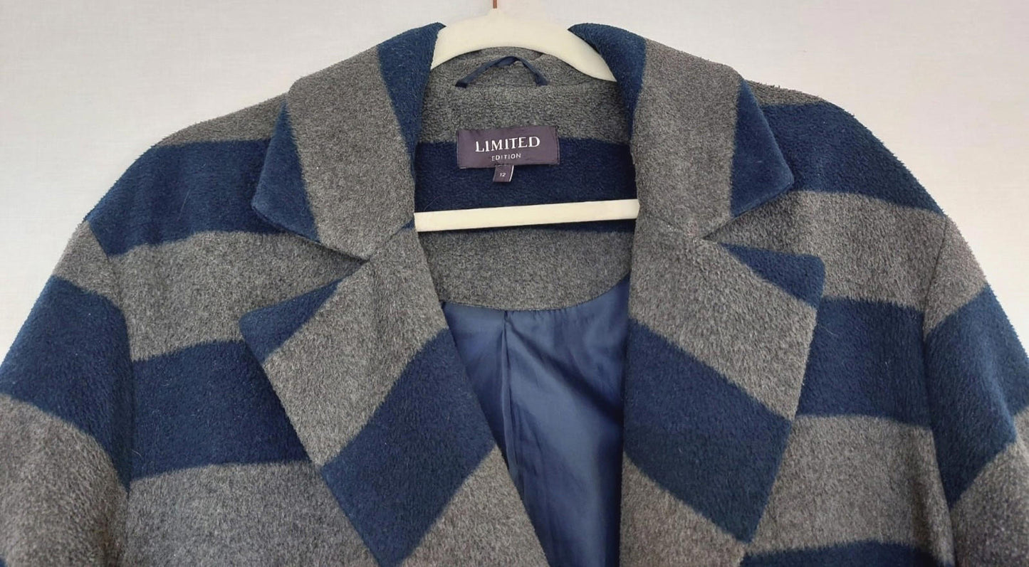 M&S Limited Edition Coat 12 Navy & Grey Stripe Pockets Lined Fleece Style Fabric