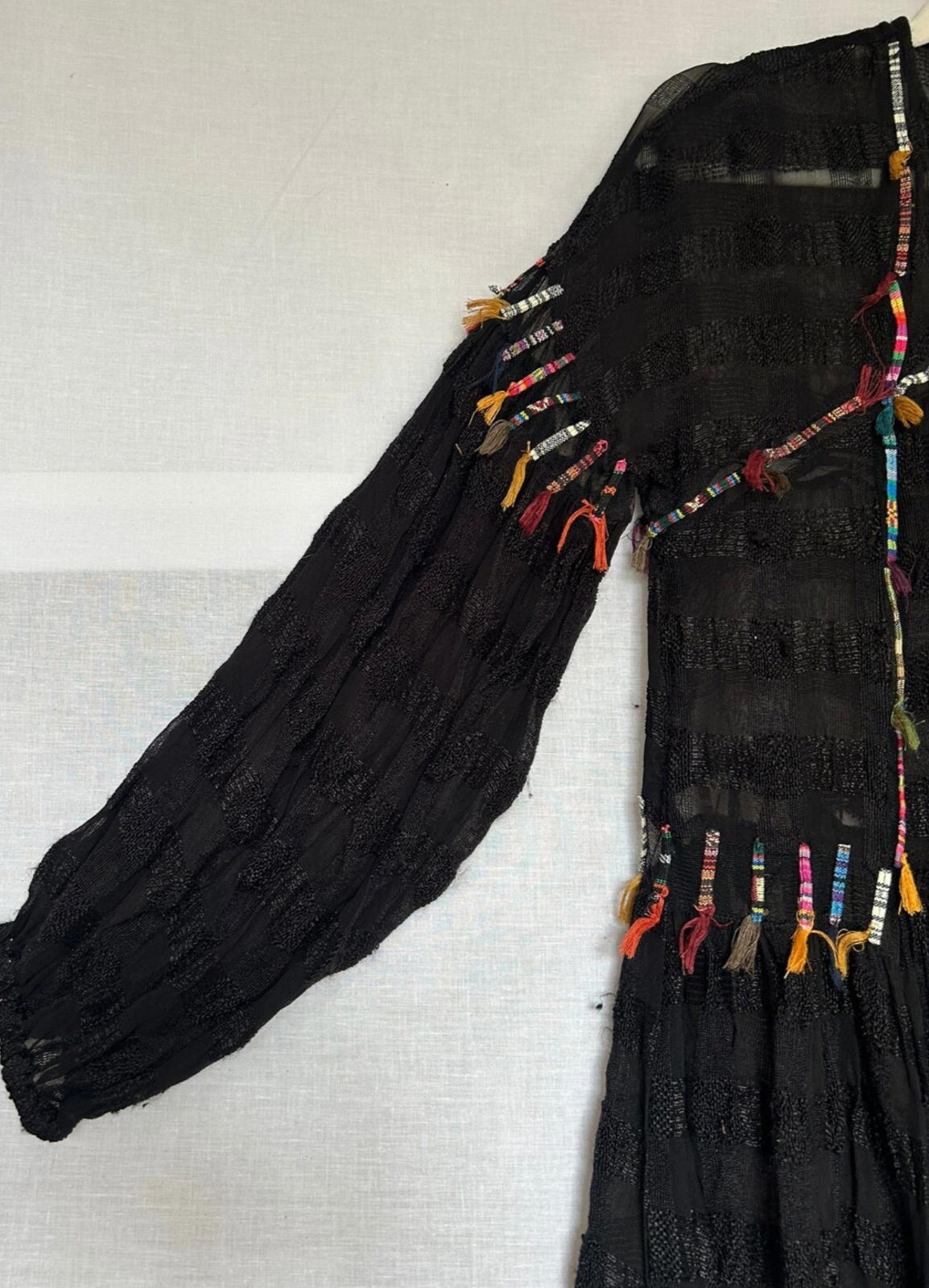 ZARA Jacket Coat Small Black Sheer Colourful Tassels Midi Length Long Sleeves