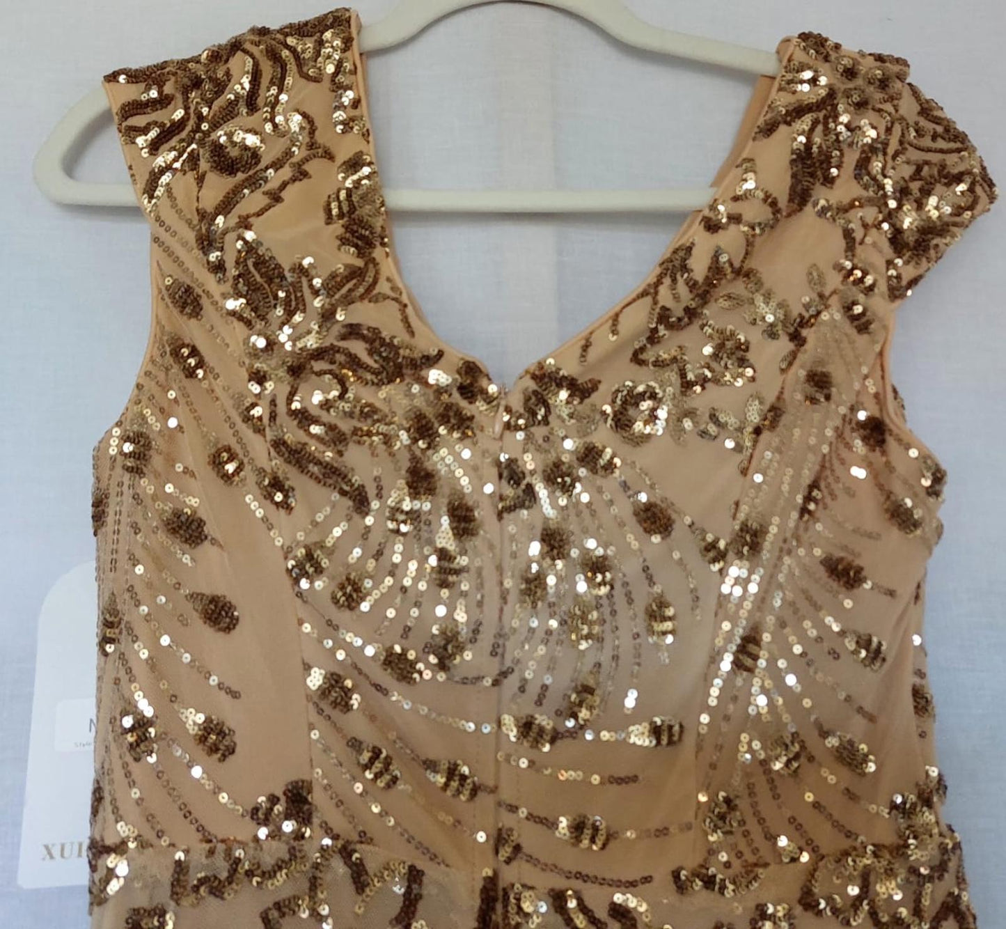 Evening Dress Medium Champagne Gold Lined Sequins Bust Padding Maxi Length BNWT