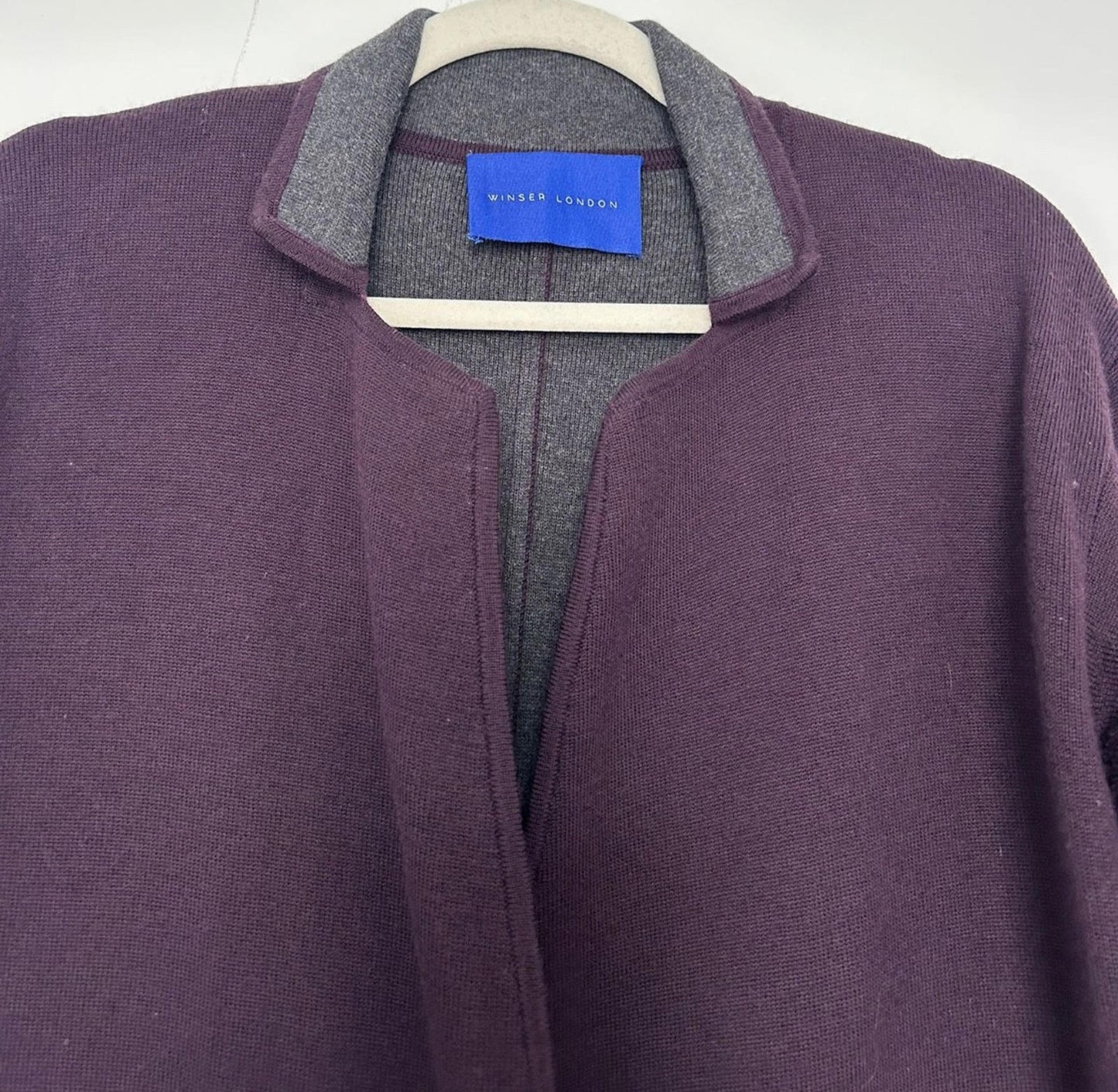 WINSER LONDON Coat Small Deep Purple & Grey Wool Blend Knitted Pockets Lapels