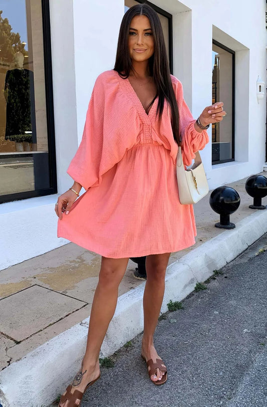 Cotton Dress Coral V Neck Puff Sleeves OS Fits 8 to 12 BNWT