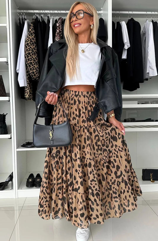 Maxi Skirt S/8 Leopard Print Tiered Pull On Style BNWT