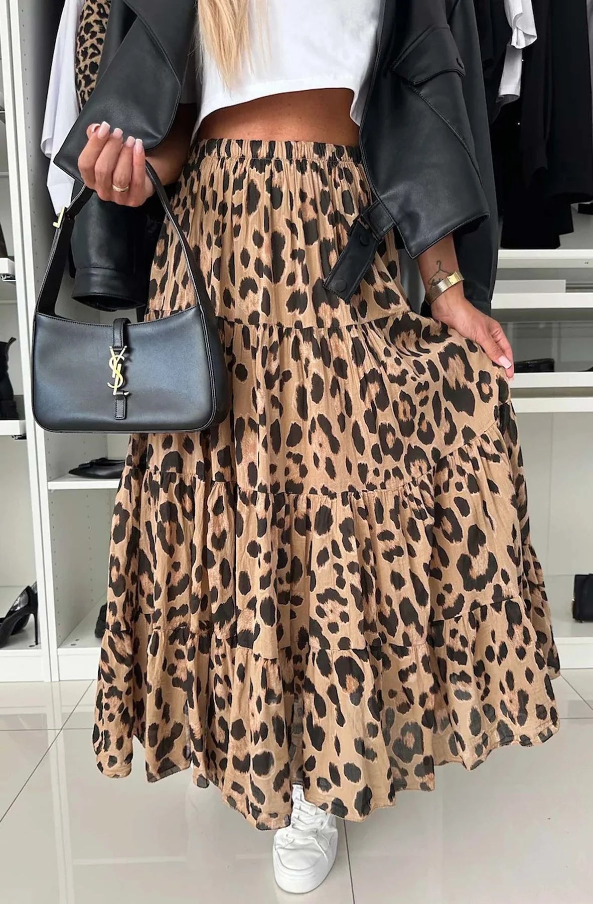 Maxi Skirt S/8 Leopard Print Tiered Pull On Style BNWT