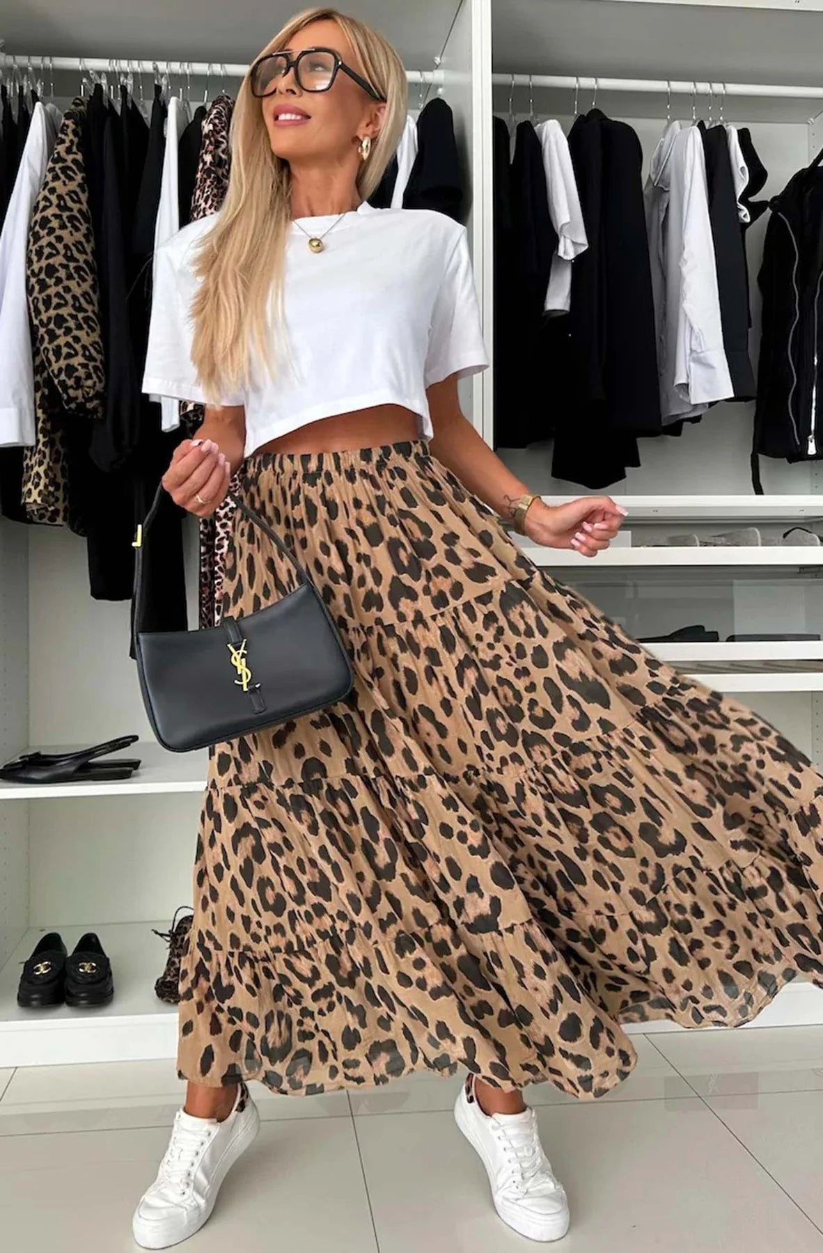 Maxi Skirt S/8 Leopard Print Tiered Pull On Style BNWT