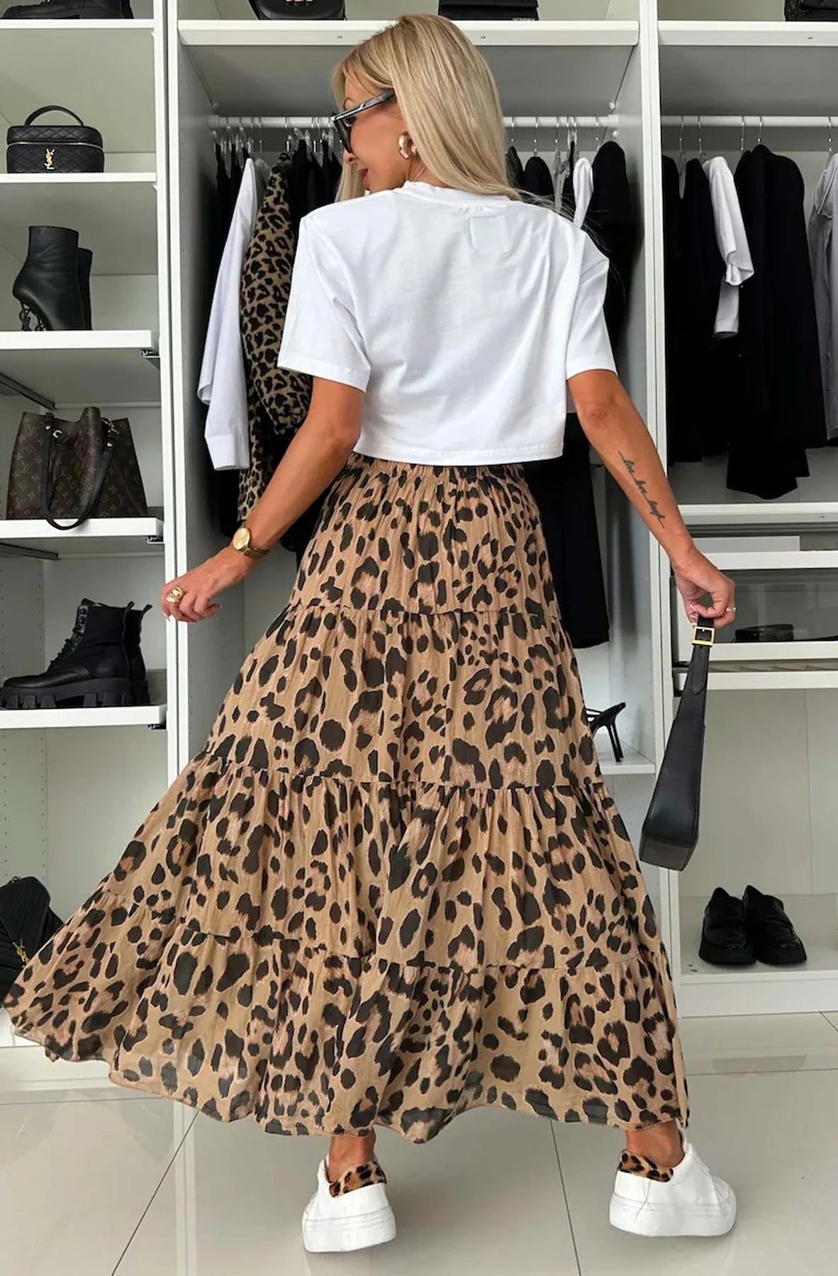 Maxi Skirt S/8 Leopard Print Tiered Pull On Style BNWT