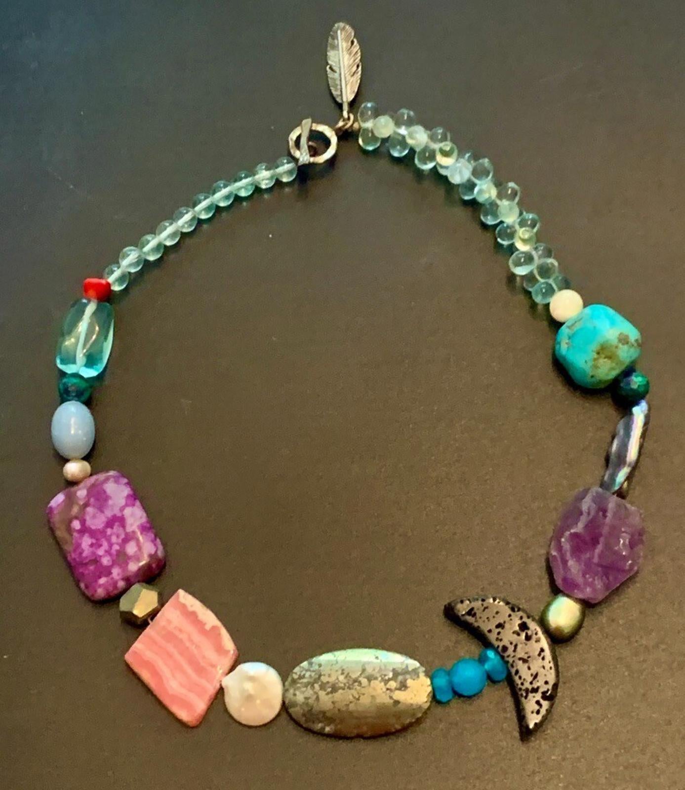 Necklace Rhodochrosite, Lava, Pyrite, Fluorite, Pearl, Turquoise, Charoite