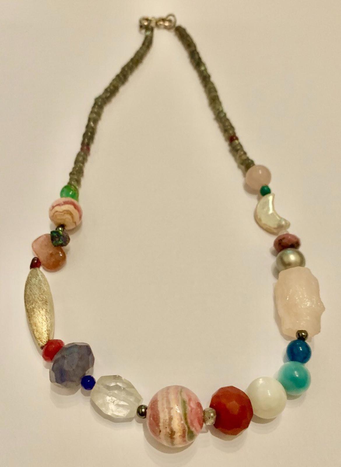 Necklace Sapphire Ruby Moonstone Rhodochrosite Quartz Silver Clasp