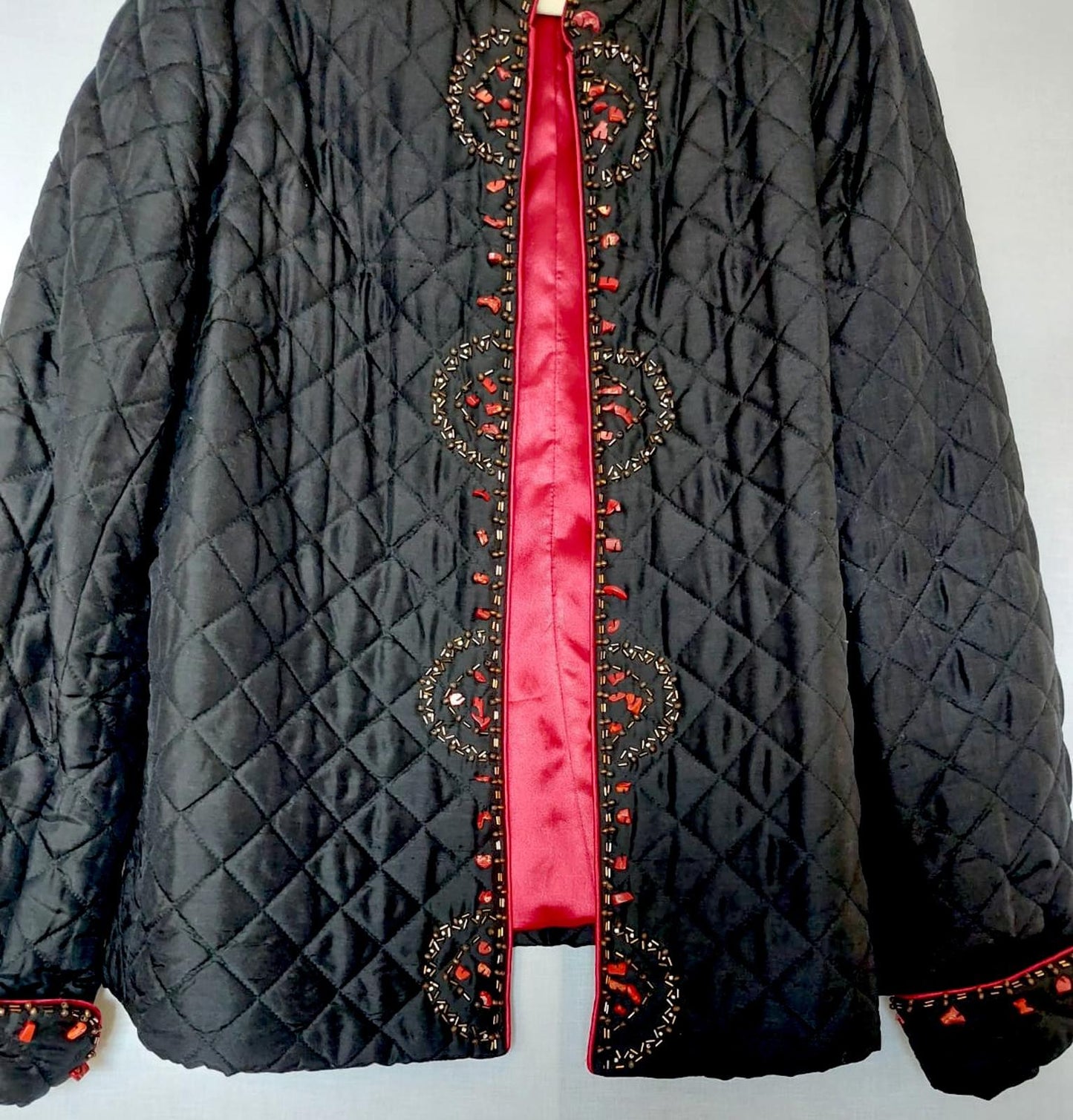 SILKLAND Jacket XL Black 100% Silk Beads Stones Lined Long Sleeves