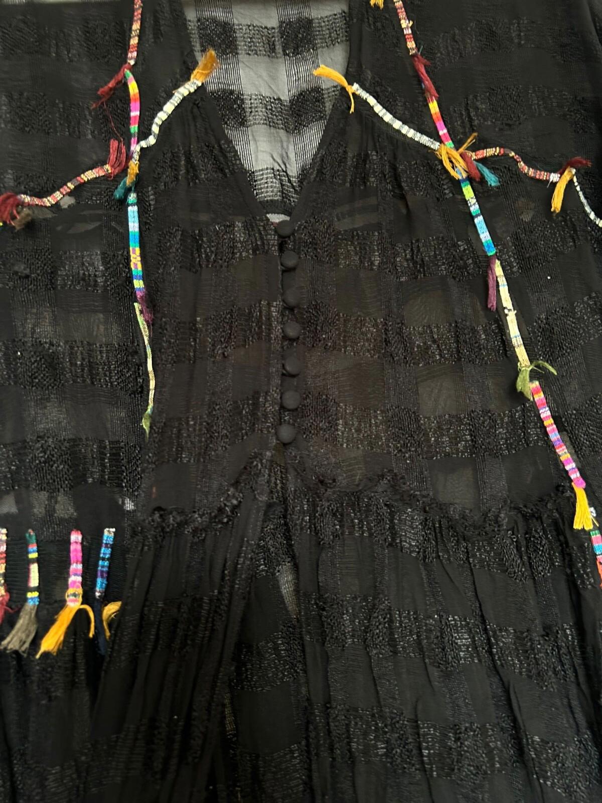ZARA Jacket Coat Small Black Sheer Colourful Tassels Midi Length Long Sleeves