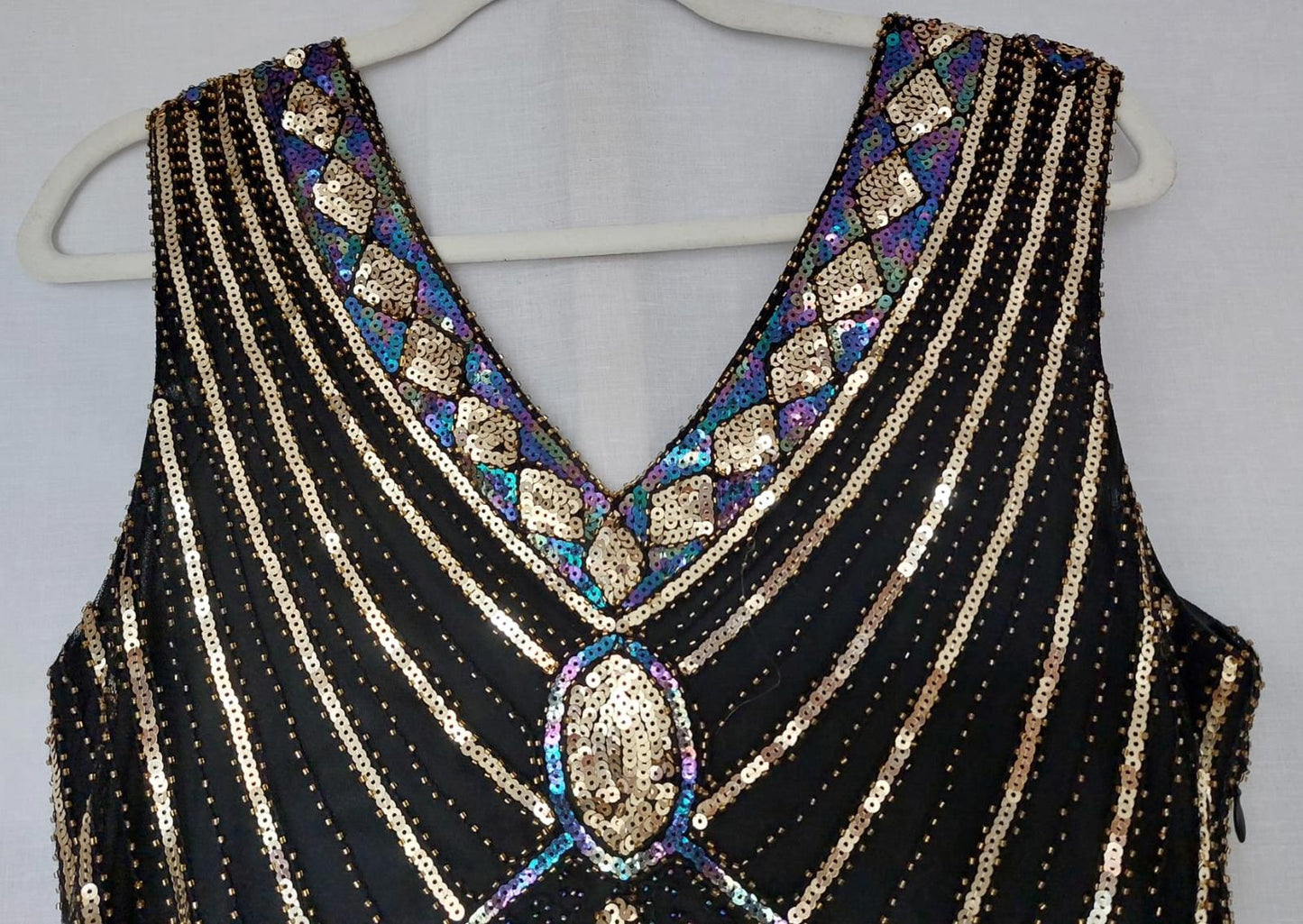 Dress 12/14 Black with Sequins V-Neck Fully Lined Tasselled Hem BNWOT