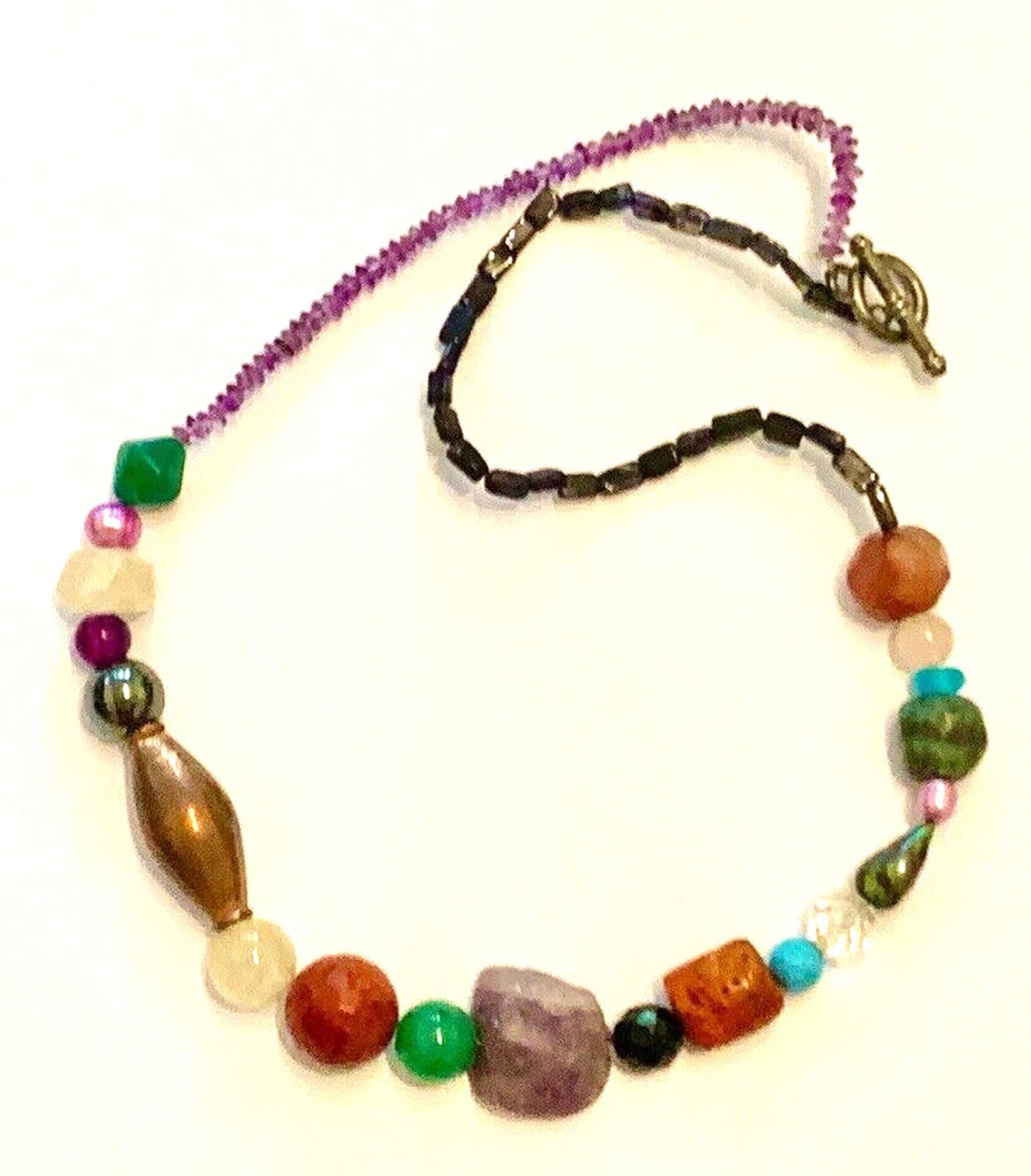 Necklace Fluorite, Coral, Ruby, Turquoise, Hematite, Silver