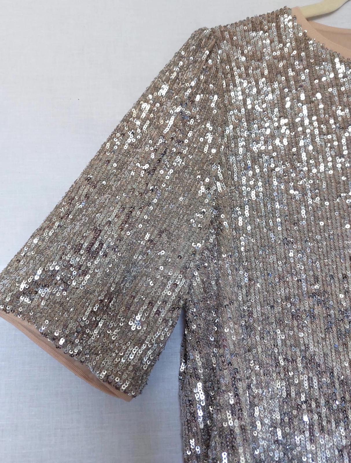 Evening Top 14 Silver Sequins Lined Short Sleeves Beautiful