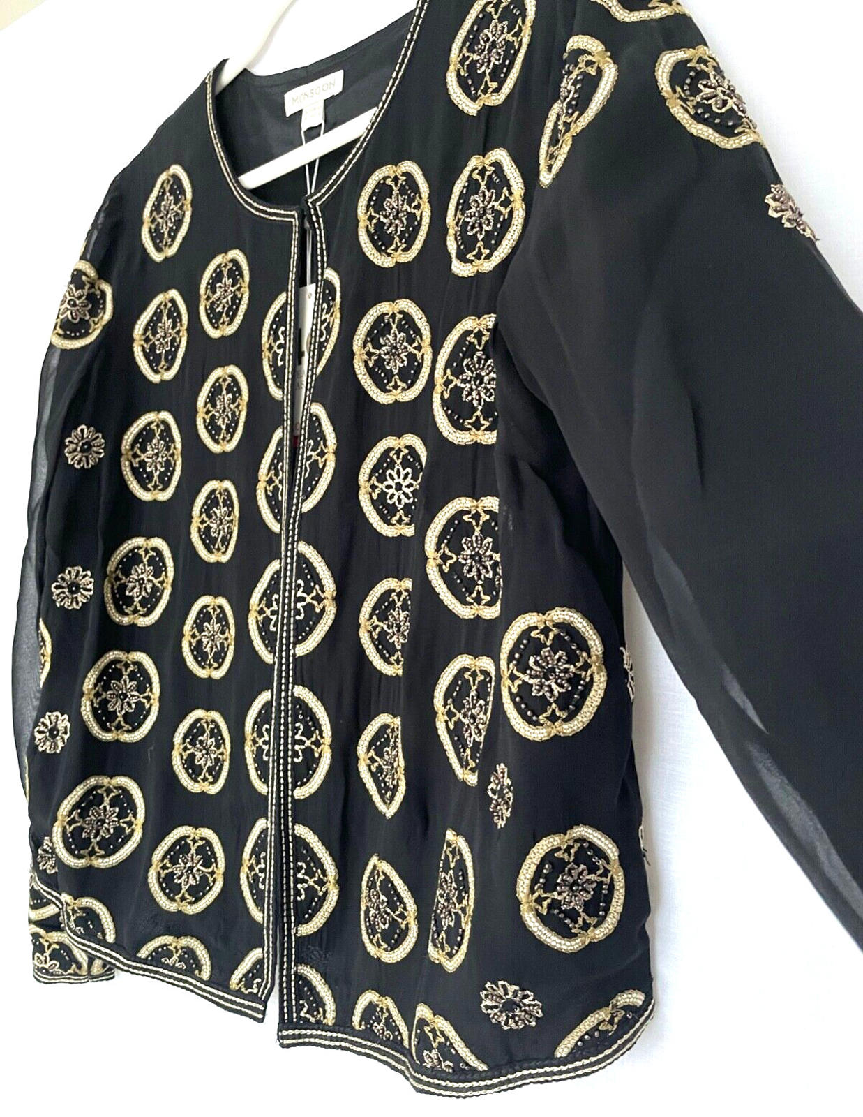 MONSOON Evening Jacket 16 Black & Gold Embroidery Beads Round Neckline BNWT