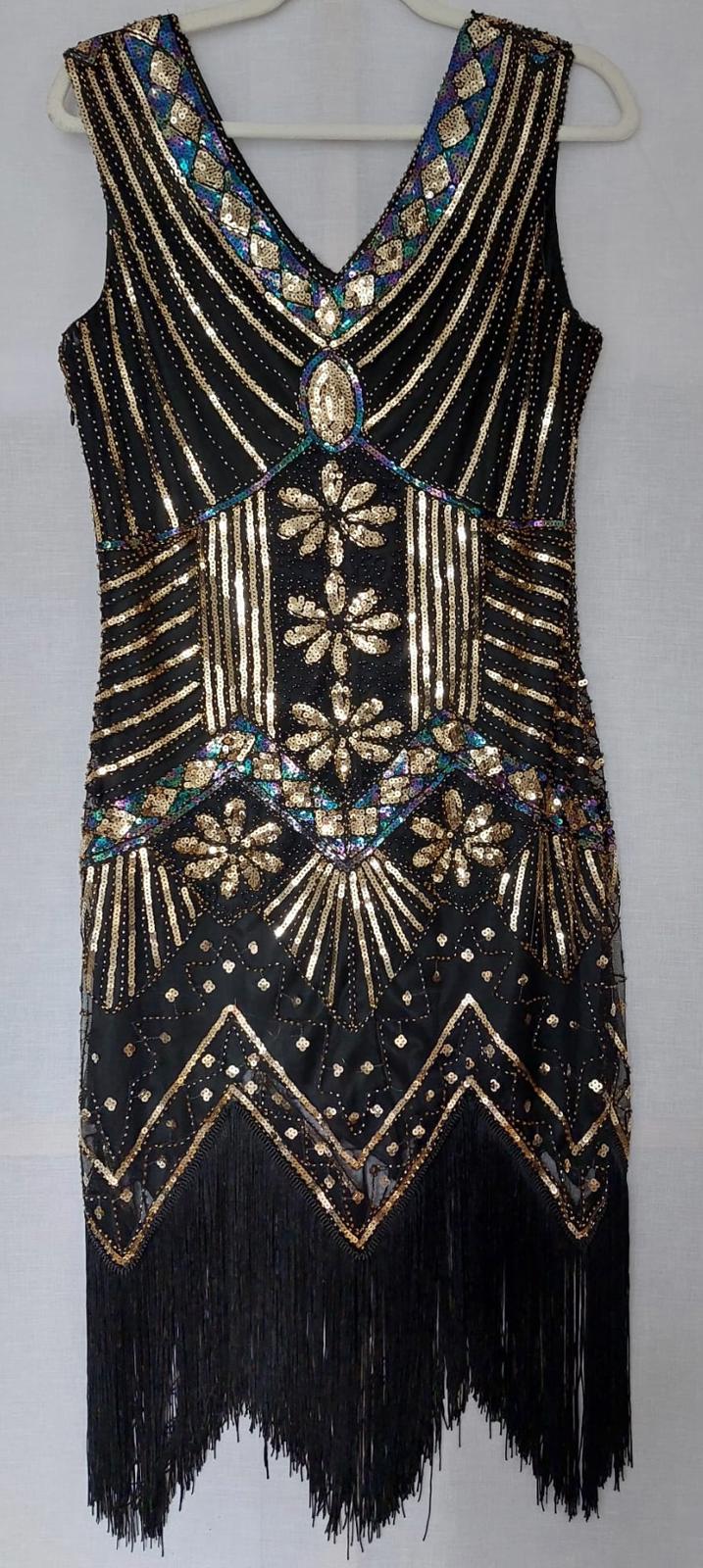 Dress 12/14 Black with Sequins V-Neck Fully Lined Tasselled Hem BNWOT