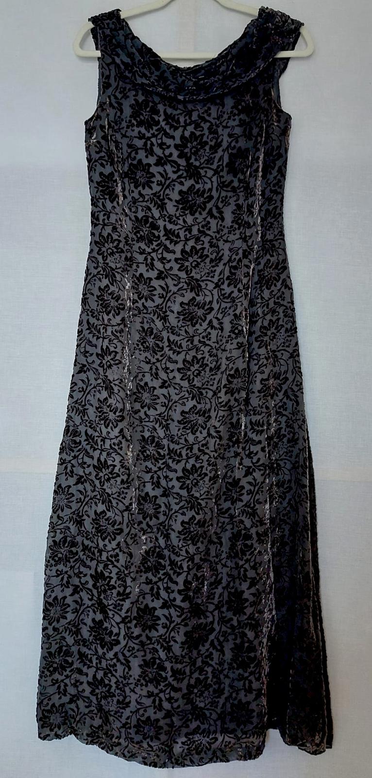 Laura Ashley Evening Dress 12 Black & Charcoal Grey Silk Blend Devoré Maxi
