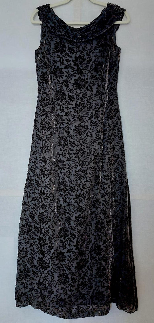 Laura Ashley Evening Dress 12 Black & Charcoal Grey Silk Blend Devoré Maxi