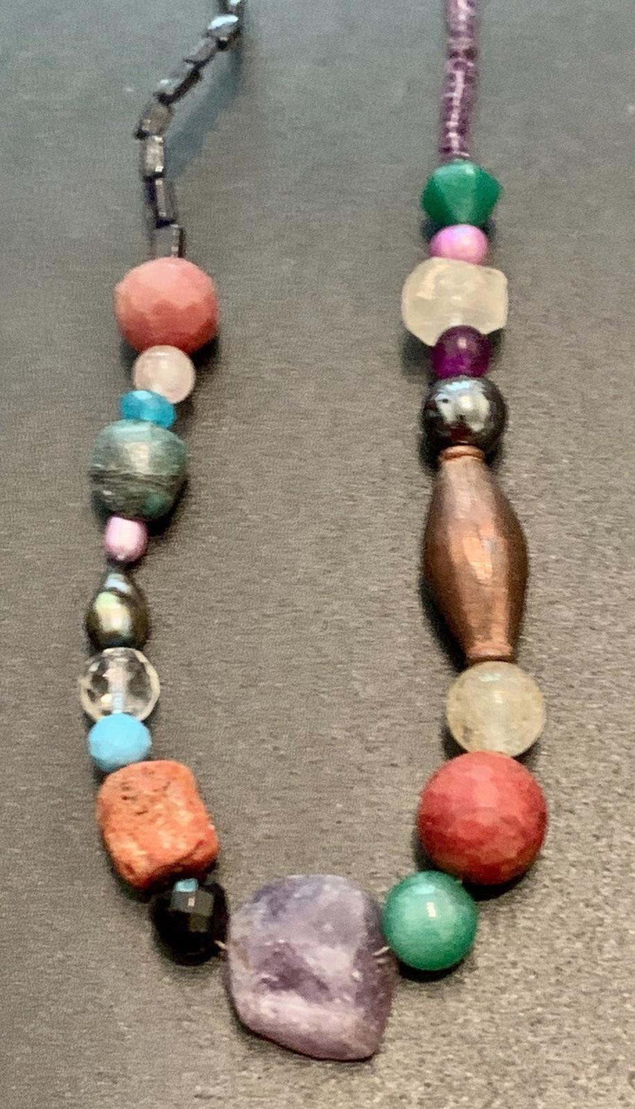 Necklace Fluorite, Coral, Ruby, Turquoise, Hematite, Silver