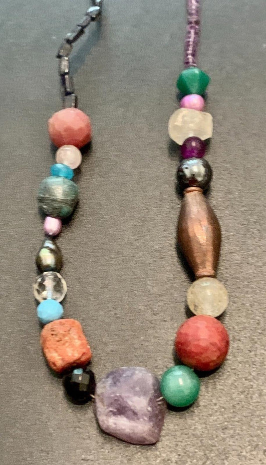 Necklace Fluorite, Coral, Ruby, Turquoise, Hematite, Silver