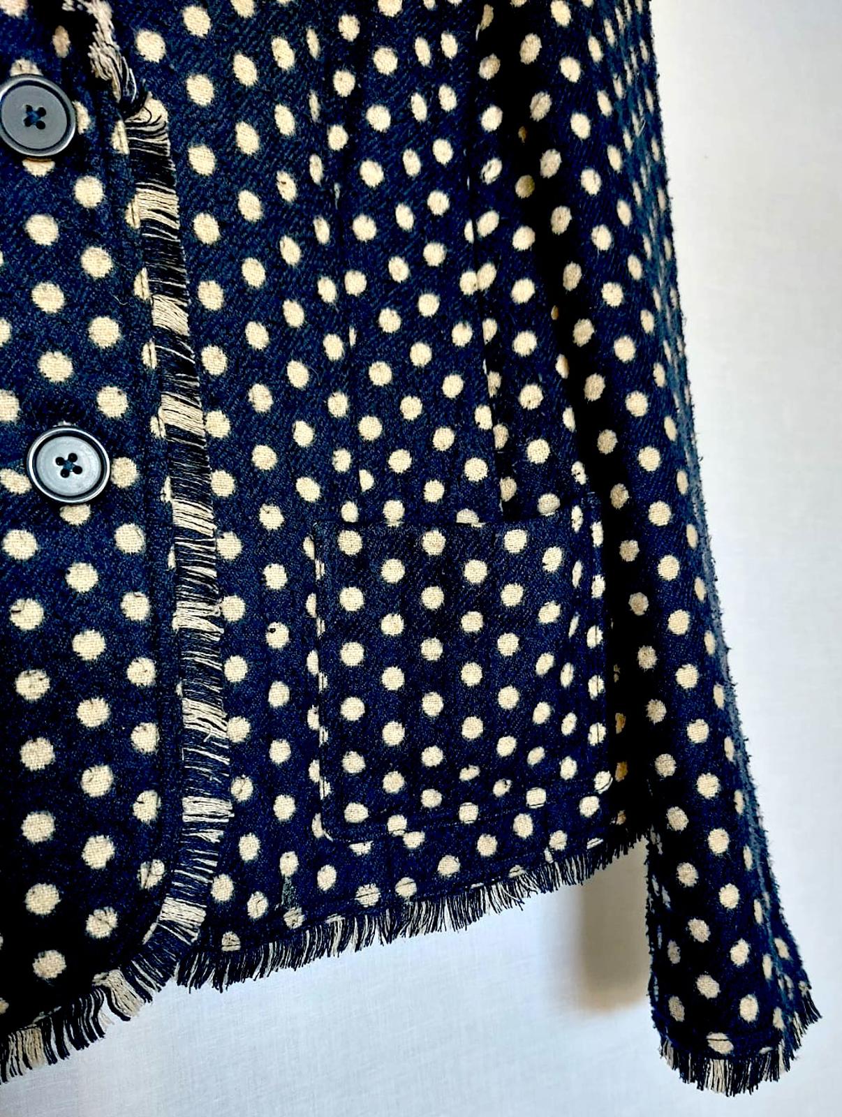 BODEN Jacket 12 Navy Spot Wool Blend Pockets Fringe Trim