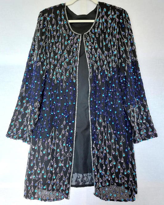 Evening Jacket 22 Black Blue Sequins Beads Lined Long Sleeves Midi Length