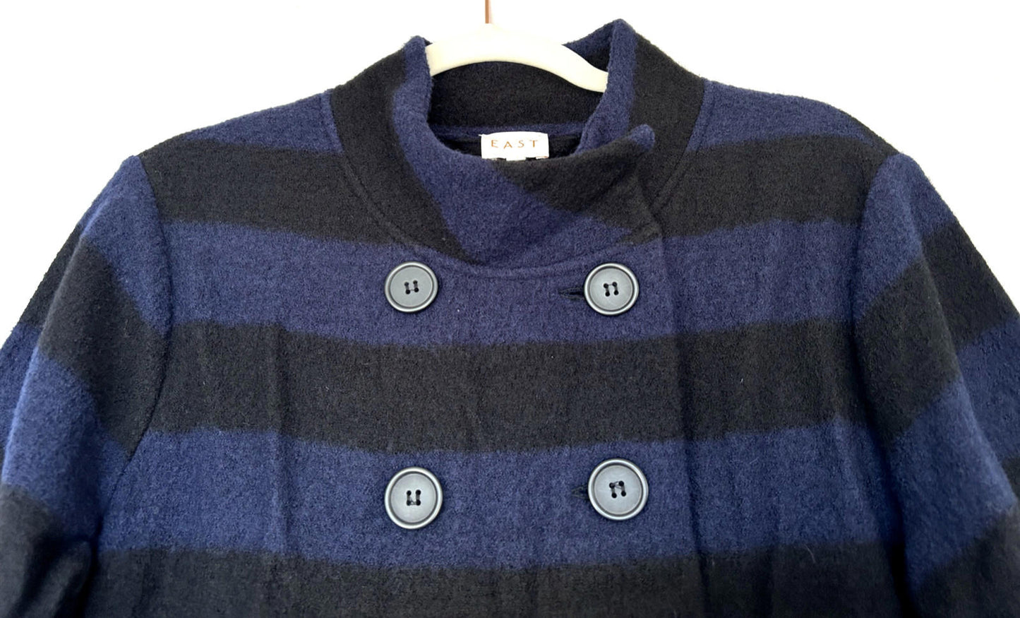EAST Jacket M Blue & Black Striped Boiled Wool Pea Coat Buttons