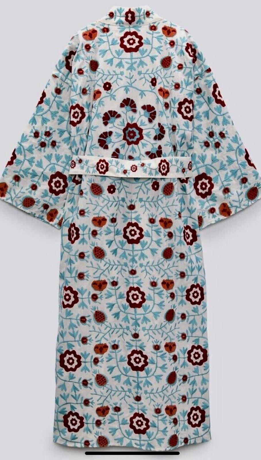 ZARA Coat Kimono Large Boho Embroidered Linen Floral Oversized Belted
