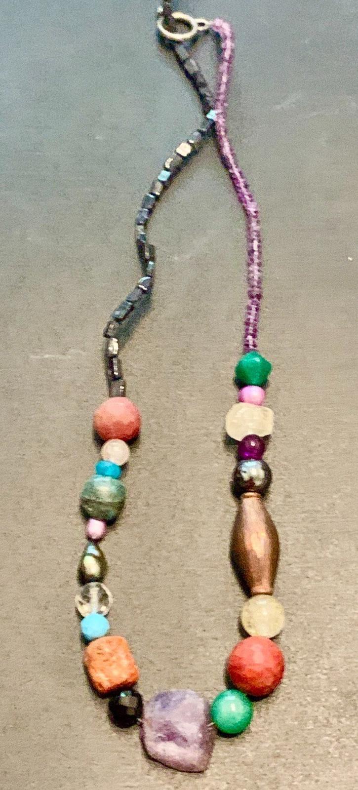 Necklace Fluorite, Coral, Ruby, Turquoise, Hematite, Silver