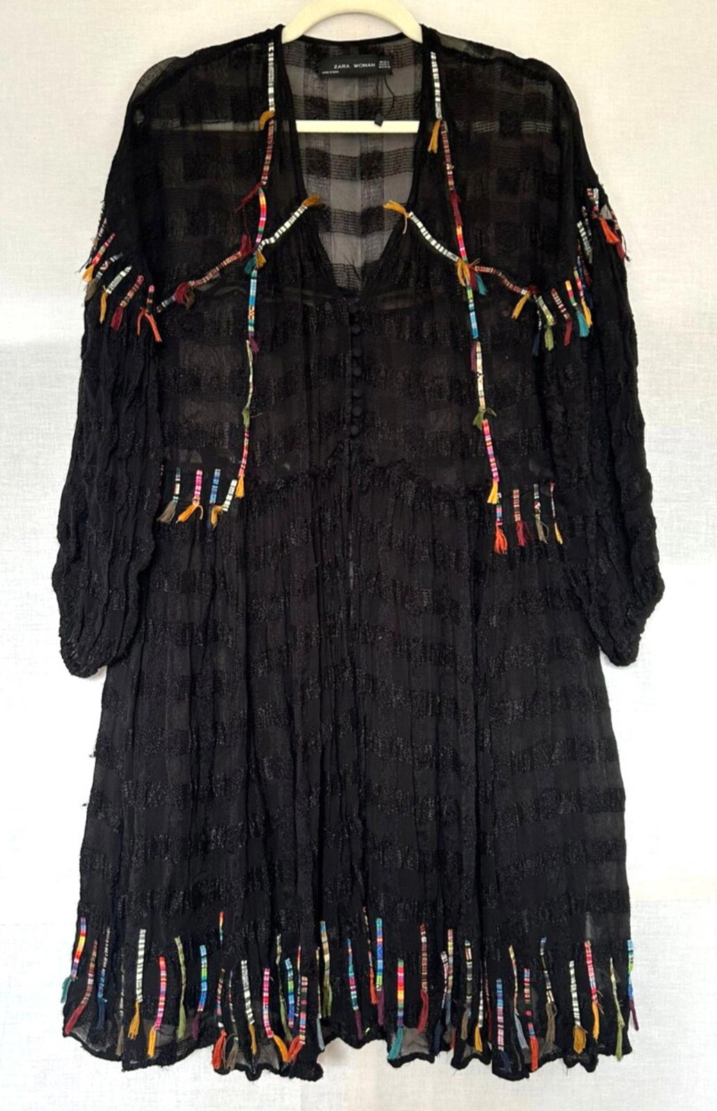 ZARA Jacket Coat Small Black Sheer Colourful Tassels Midi Length Long Sleeves