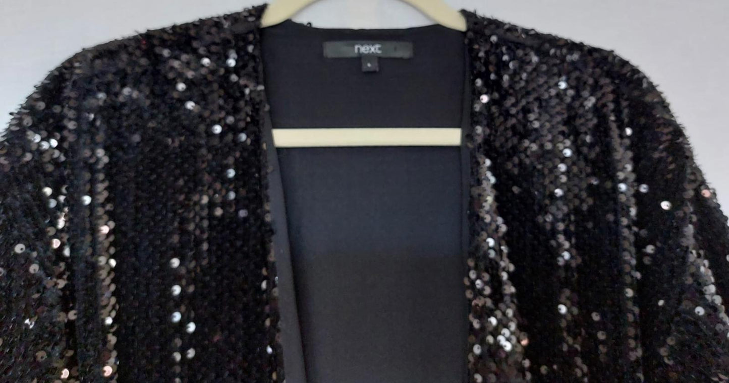 NEXT Evening Jacket Large Black Sequins Lined Long Sleeves Fabulous