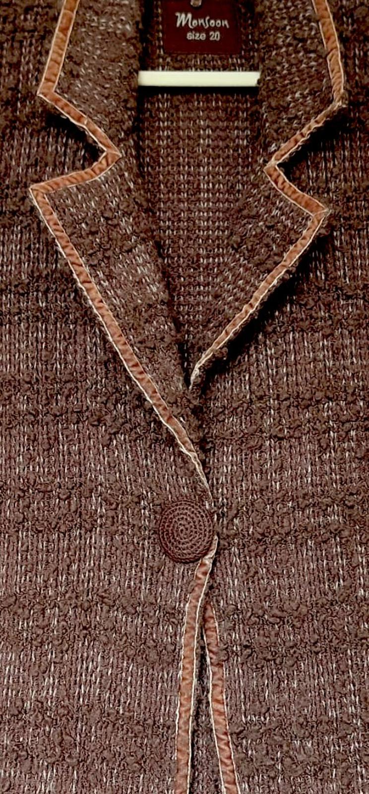 MONSOON Coatigan 20 Brown Wool Blend Velvet Trim Knitted Button Long Sleeves