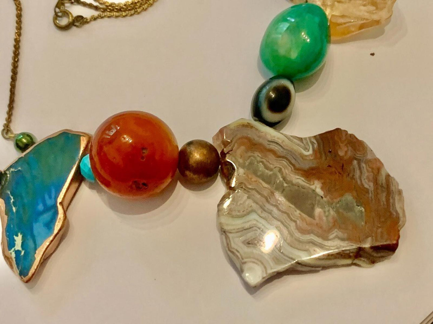 Necklace Mexican Lace Agate Carnelian Citrine Pearl Agate Copper 22 ins