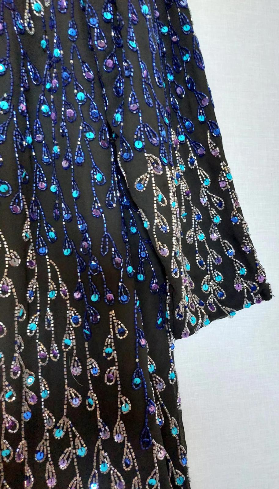 Evening Jacket 22 Black Blue Sequins Beads Lined Long Sleeves Midi Length