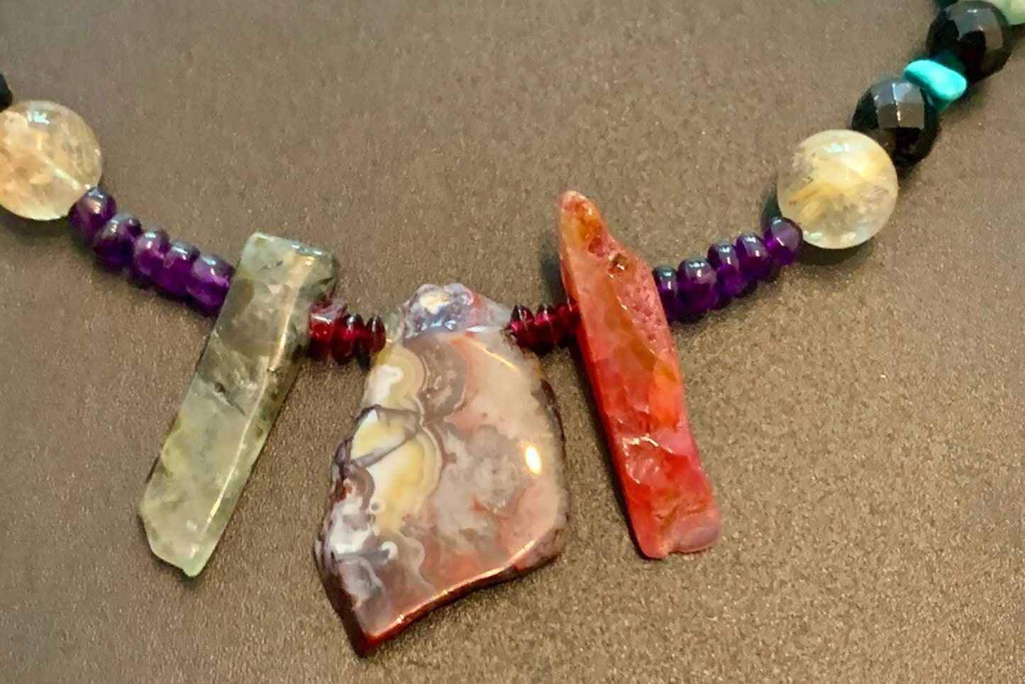 Necklace Mexican Crazy Lace Agate, Prehnite, Ruby, Pearl, Turquoise, Bali