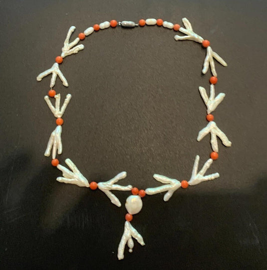 Necklace Large Baroque Pearl and Coral Beads Boho 20 ins