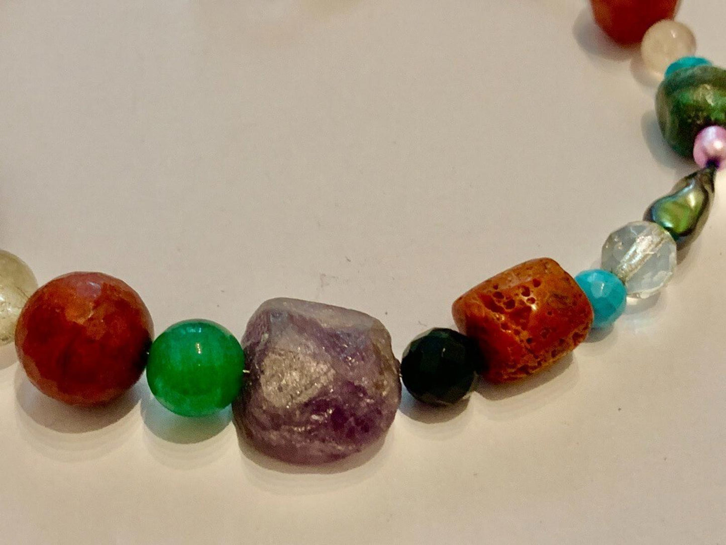 Necklace Fluorite, Coral, Ruby, Turquoise, Hematite, Silver