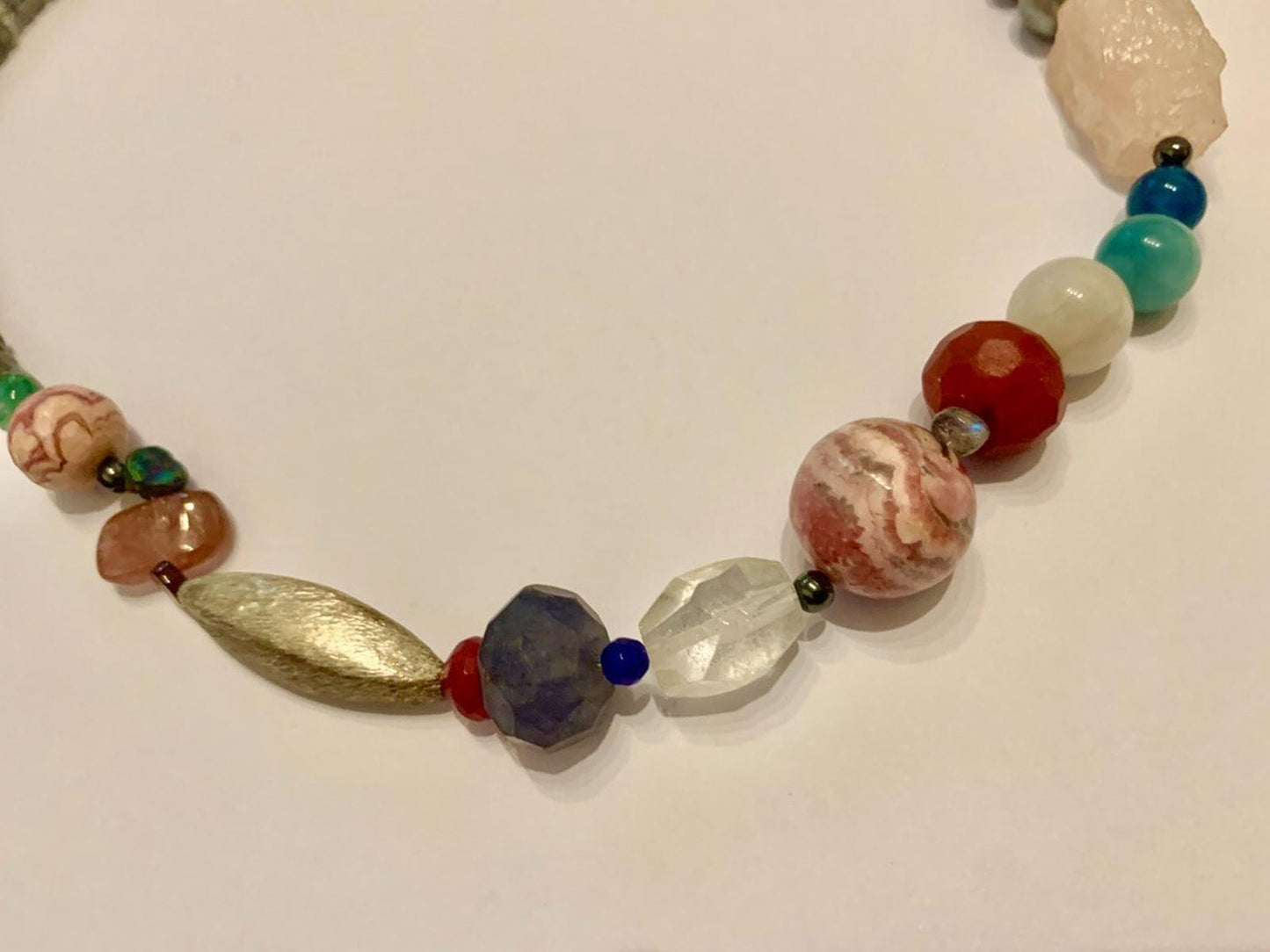 Necklace Sapphire Ruby Moonstone Rhodochrosite Quartz Silver Clasp