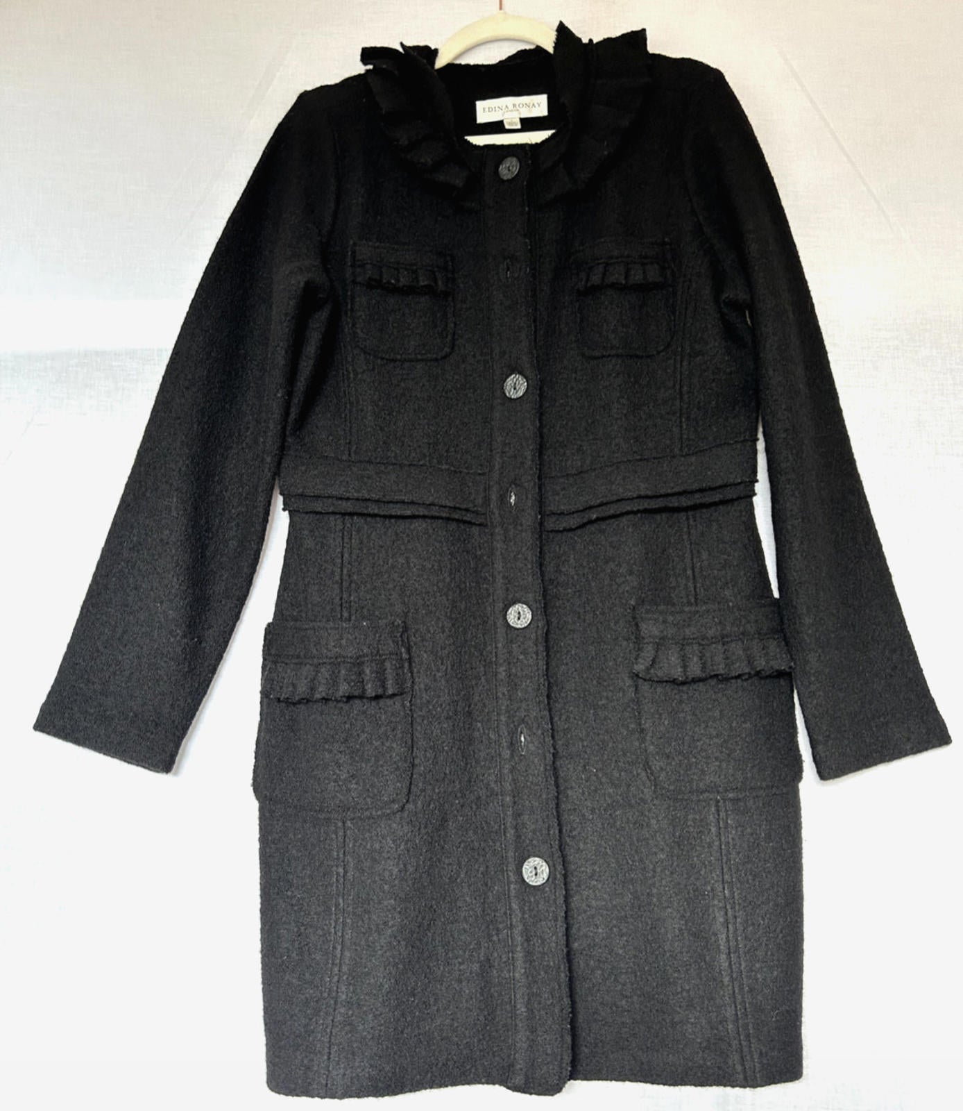 EDINA RONAY Coat 14 Black 100% Wool Button Through Pockets