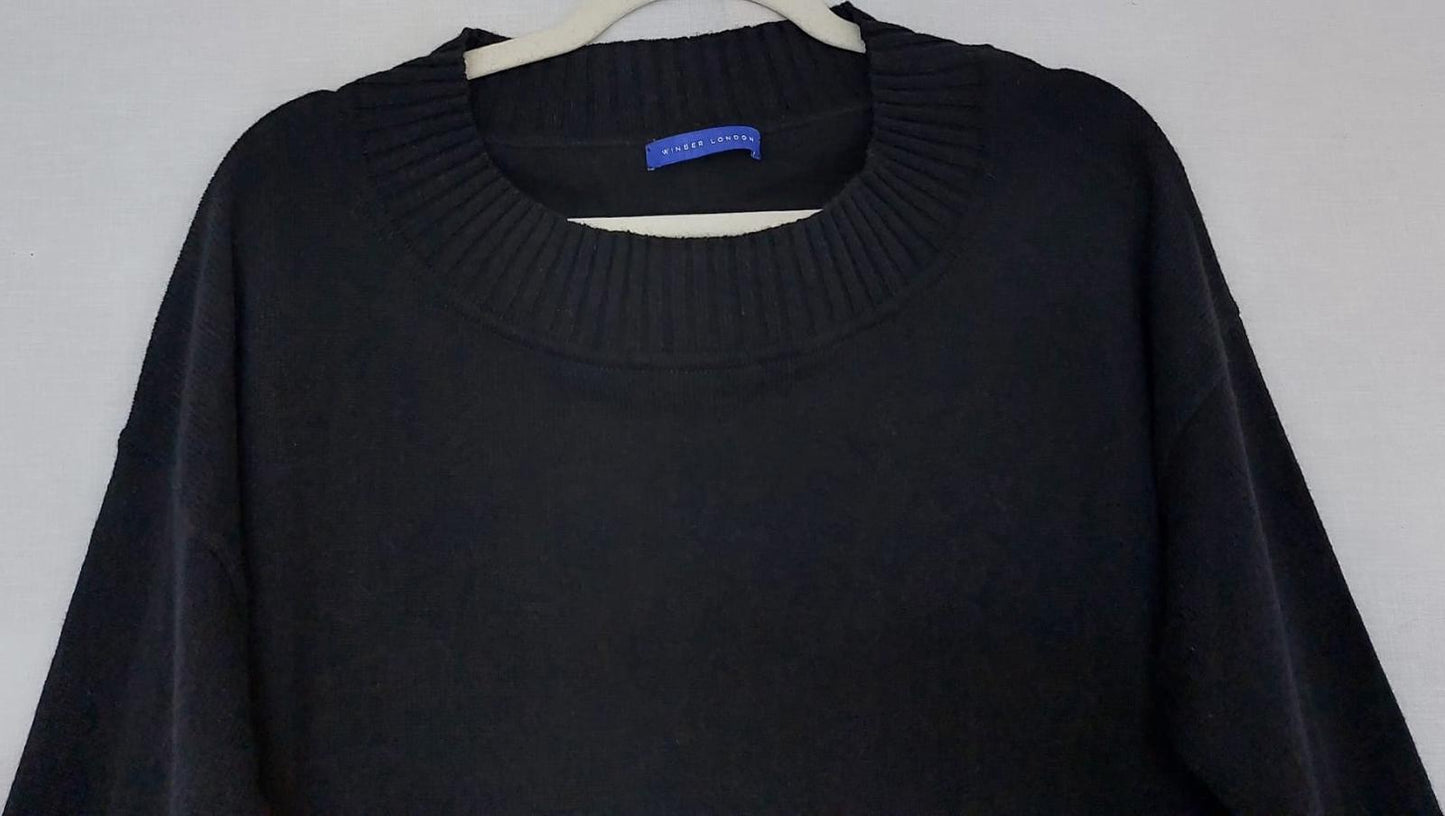 WINSER LONDON Large Black 100% Cashmere Jumper Ribbed Collar Cuffs & Hem
