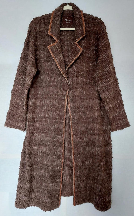 MONSOON Coatigan 20 Brown Wool Blend Velvet Trim Knitted Button Long Sleeves