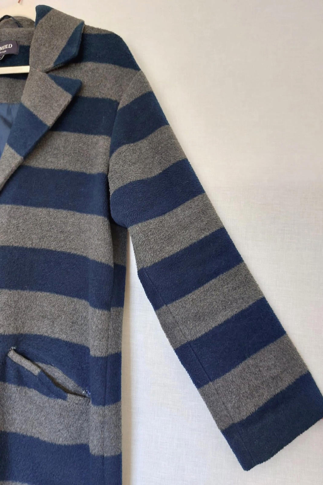 M&S Limited Edition Coat 12 Navy & Grey Stripe Pockets Lined Fleece Style Fabric