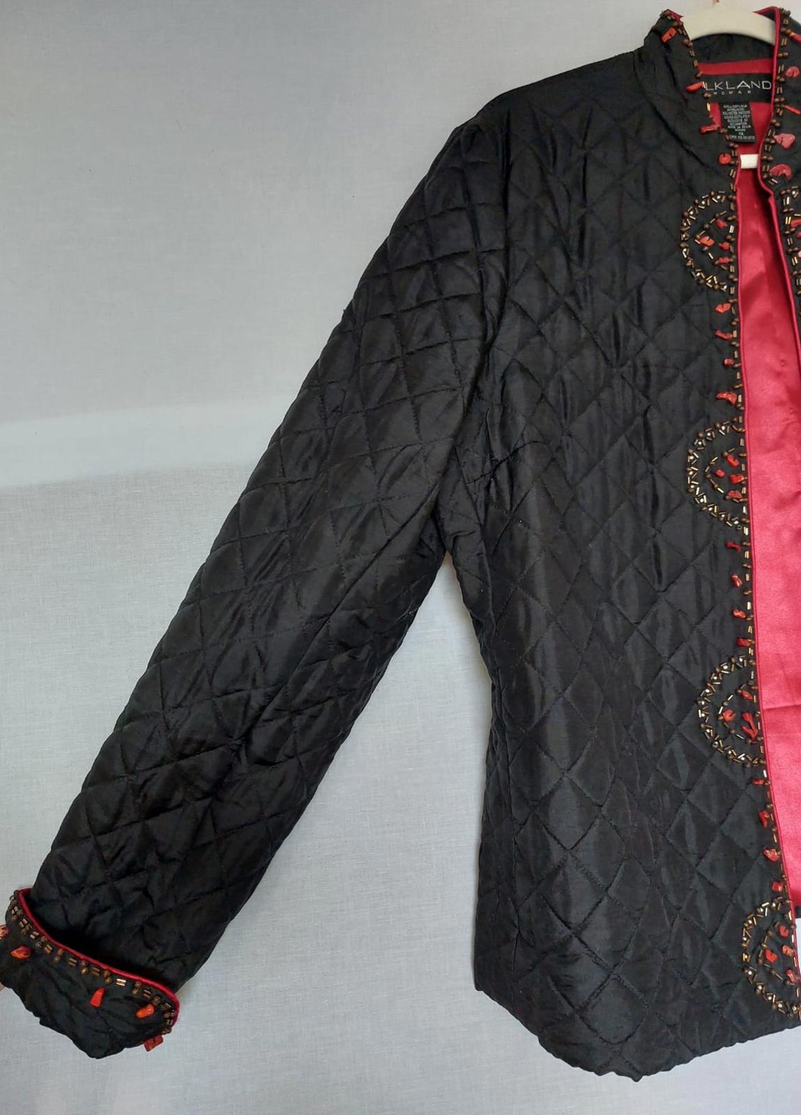 SILKLAND Jacket XL Black 100% Silk Beads Stones Lined Long Sleeves