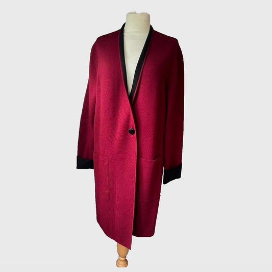 WINSER LONDON Coatigan Large Burgundy & Black Wool Blend Pockets Knitted BNWT