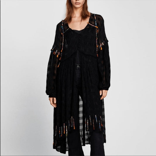 ZARA Jacket Coat Small Black Sheer Colourful Tassels Midi Length Long Sleeves