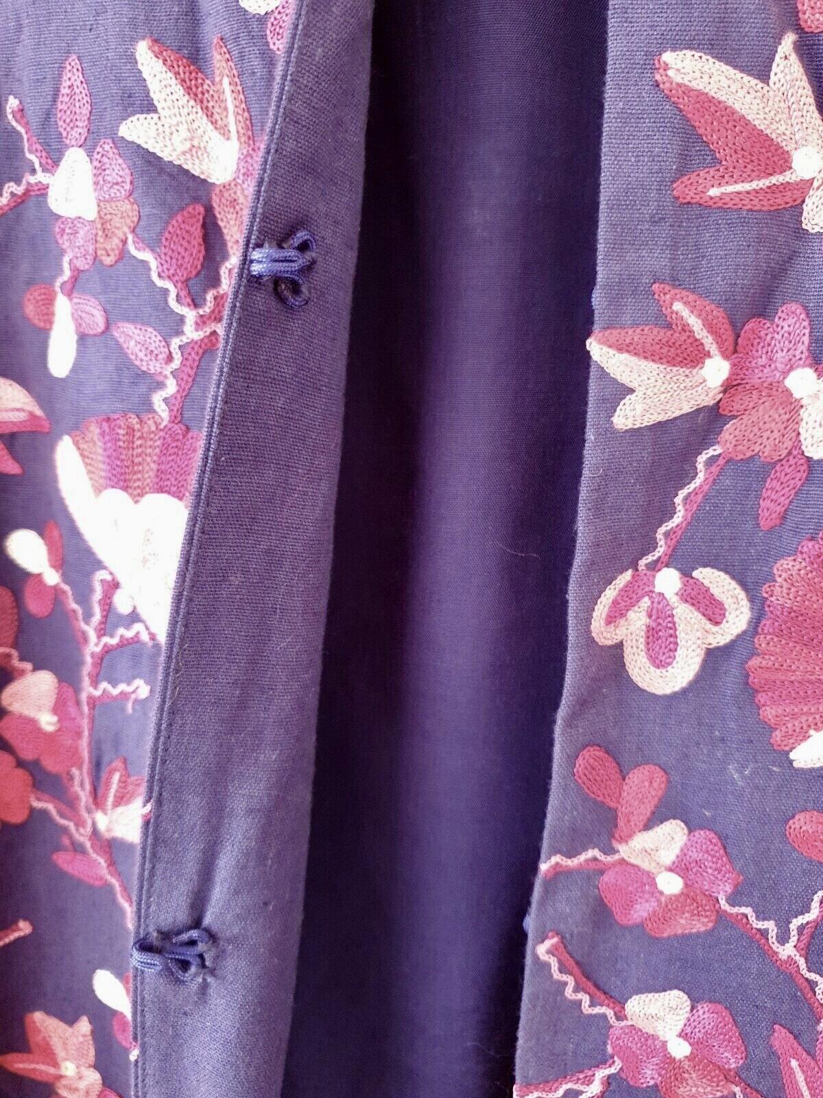 EAST Coat S/M Blue & Pink  Embroidered Cotton & Linen Midi Length Round Neck