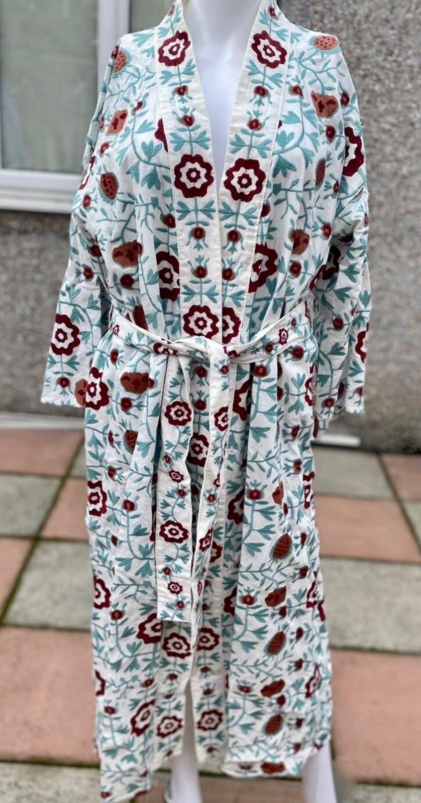 ZARA Coat Kimono Large Boho Embroidered Linen Floral Oversized Belted