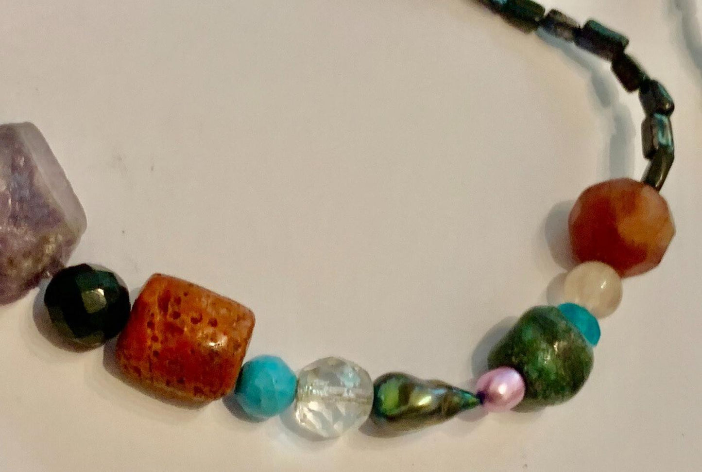 Necklace Fluorite, Coral, Ruby, Turquoise, Hematite, Silver