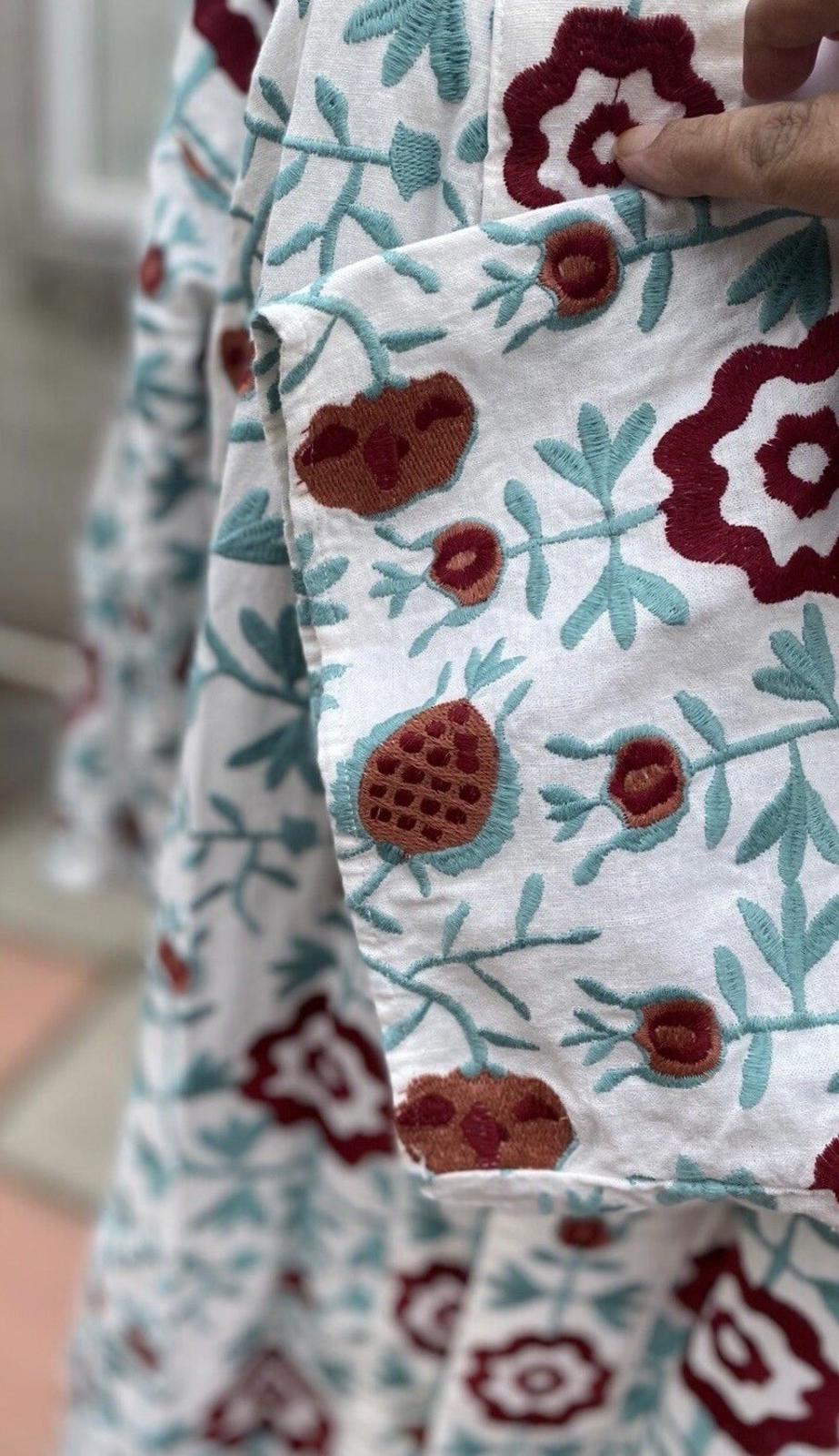 ZARA Coat Kimono Large Boho Embroidered Linen Floral Oversized Belted